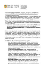 Commentaires d’Ontario Créatif en réponse au processus de consultation du gouvernement de l’Ontario sur la propriété intellectuelle dans le secteur de l’enseignement postsecondaire