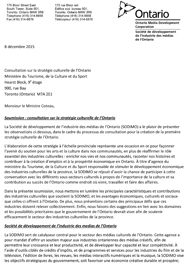 Observations de la SODIMO en réponse de la Stratégie ontarienne pour la culture