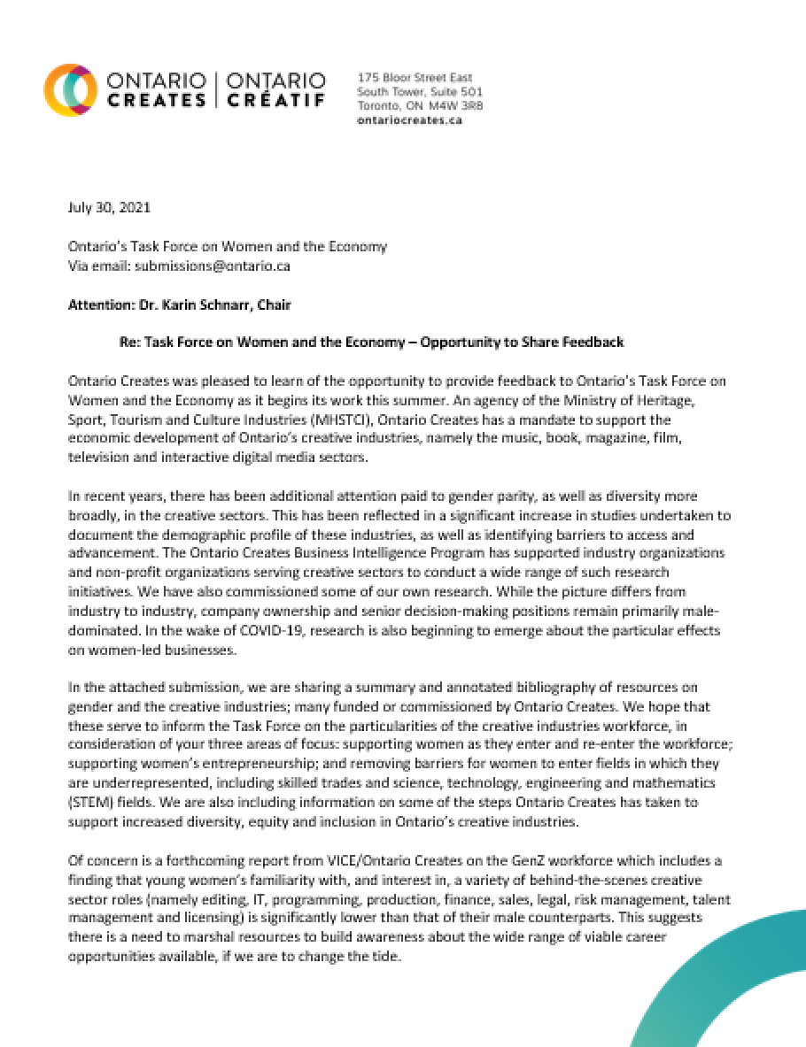 Submission in Response to Ontario's Task Force on Women and the Economy