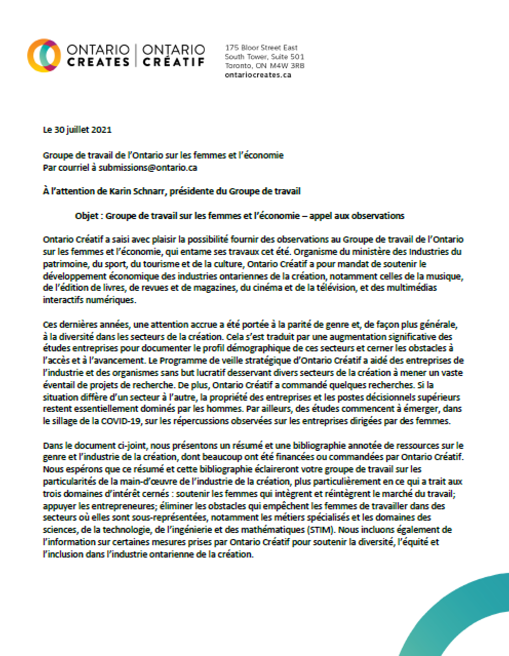 Observations d’Ontario Créatif en réponse au Groupe de travail de l’Ontario sur les femmes et l’économie