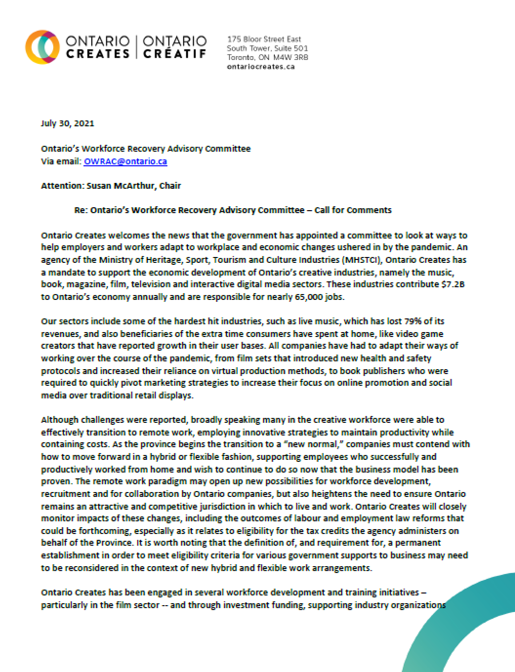 Submission in response to Ontario's Workforce Recovery Advisory Committee