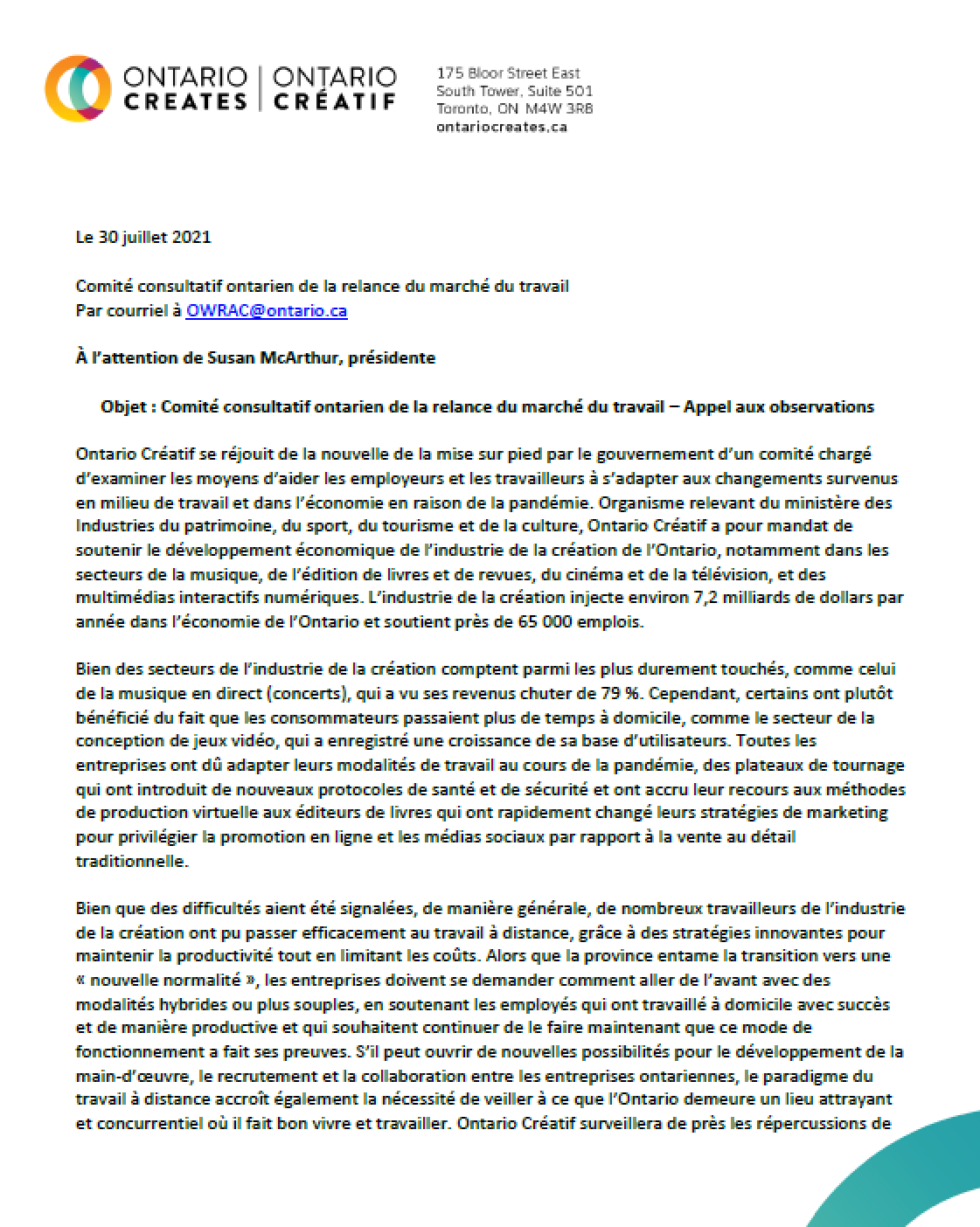 Observations présentées au Comité consultatif ontarien de la relance du marché du travail